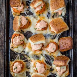 Buffalo Chicken Meatball Sliders on pan