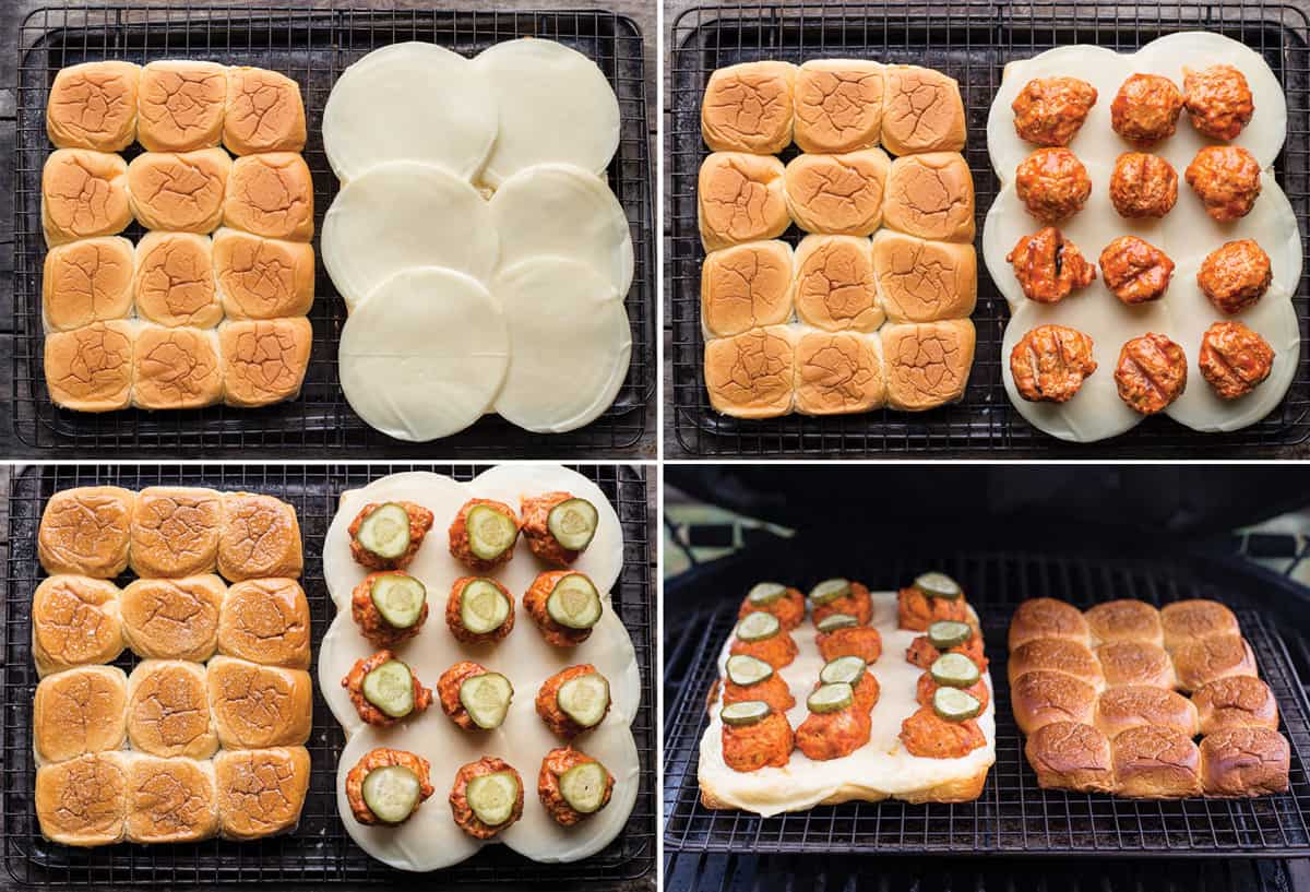 4 photos showing step by step how to make Grilled Buffalo Chicken Meatball Sliders