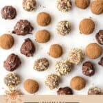 Pinterest pin showing chocolate truffles in three styles, covered in cocoa powder, crushed hazelnuts, and topped in salt.