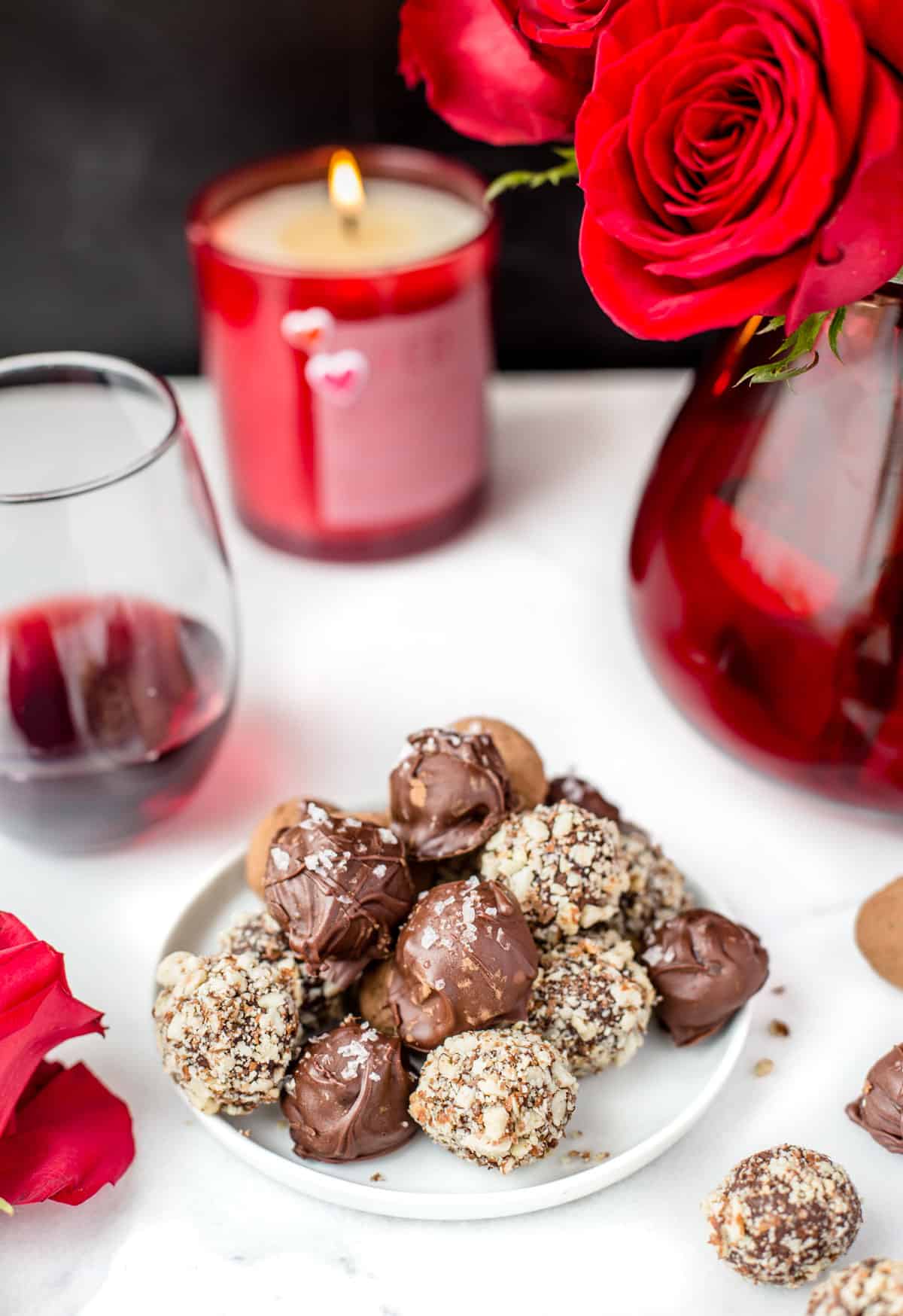 A plate of wine infused chocolate truffles.