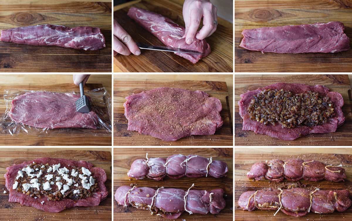 Step by step visual on how to butterfly a pork tenderloin and then stuff it. 