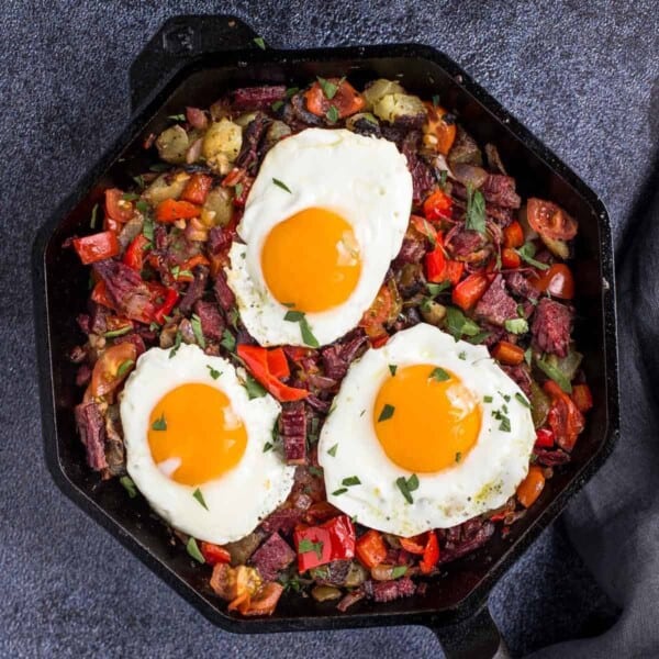 Corned Beef hash in a cast iron serving dish