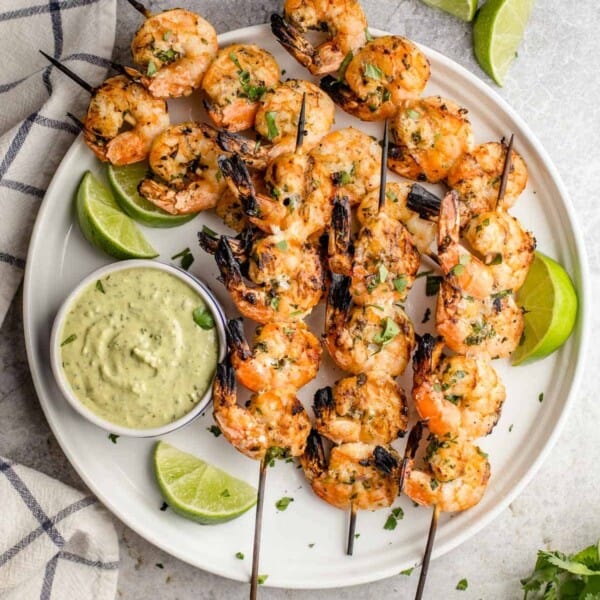 Grilled cilantro lime shrimp on skewers.