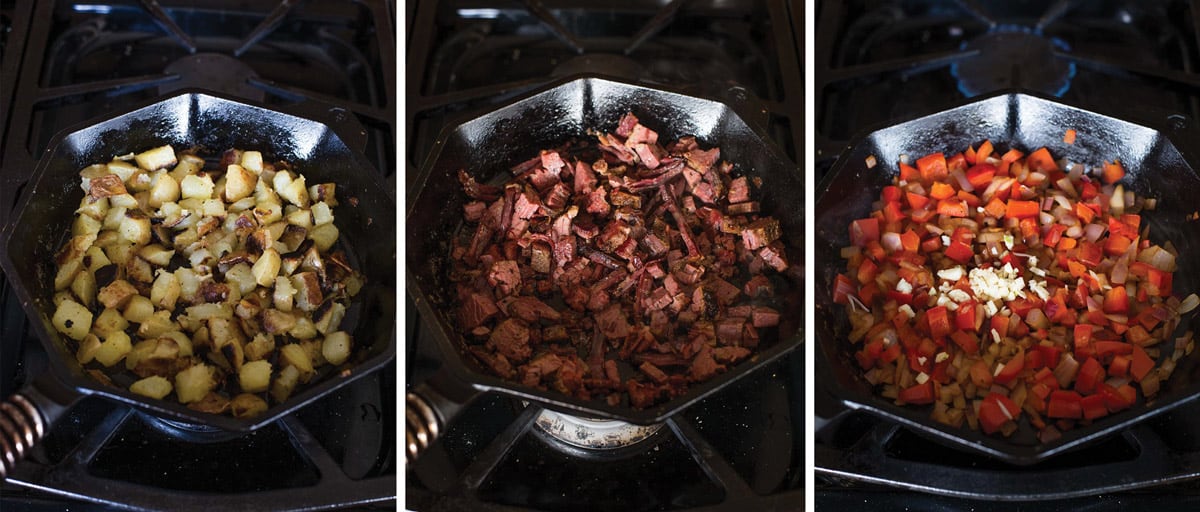 3 photos demonstrating the step by step process of making a corned beef hash