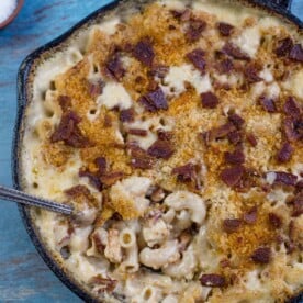 Grilled Mac and Cheese in a cast iron pan.