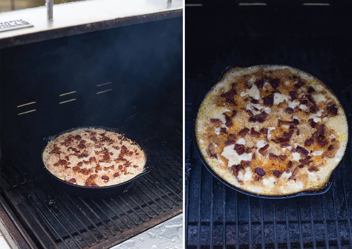 Mac and Cheese on the MAK pellet grill cooking until crispy.