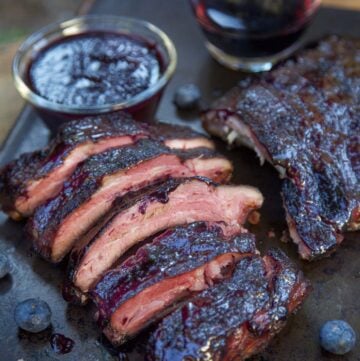 Blueberry Bourbon Ribs on a sheetpan