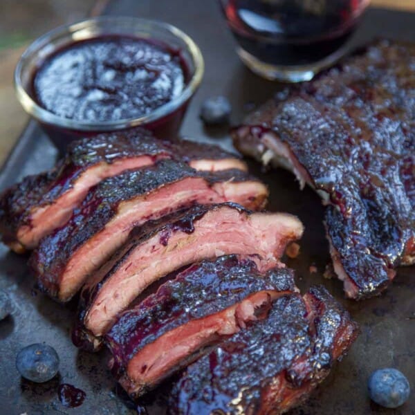 Blueberry Bourbon Ribs on a sheetpan