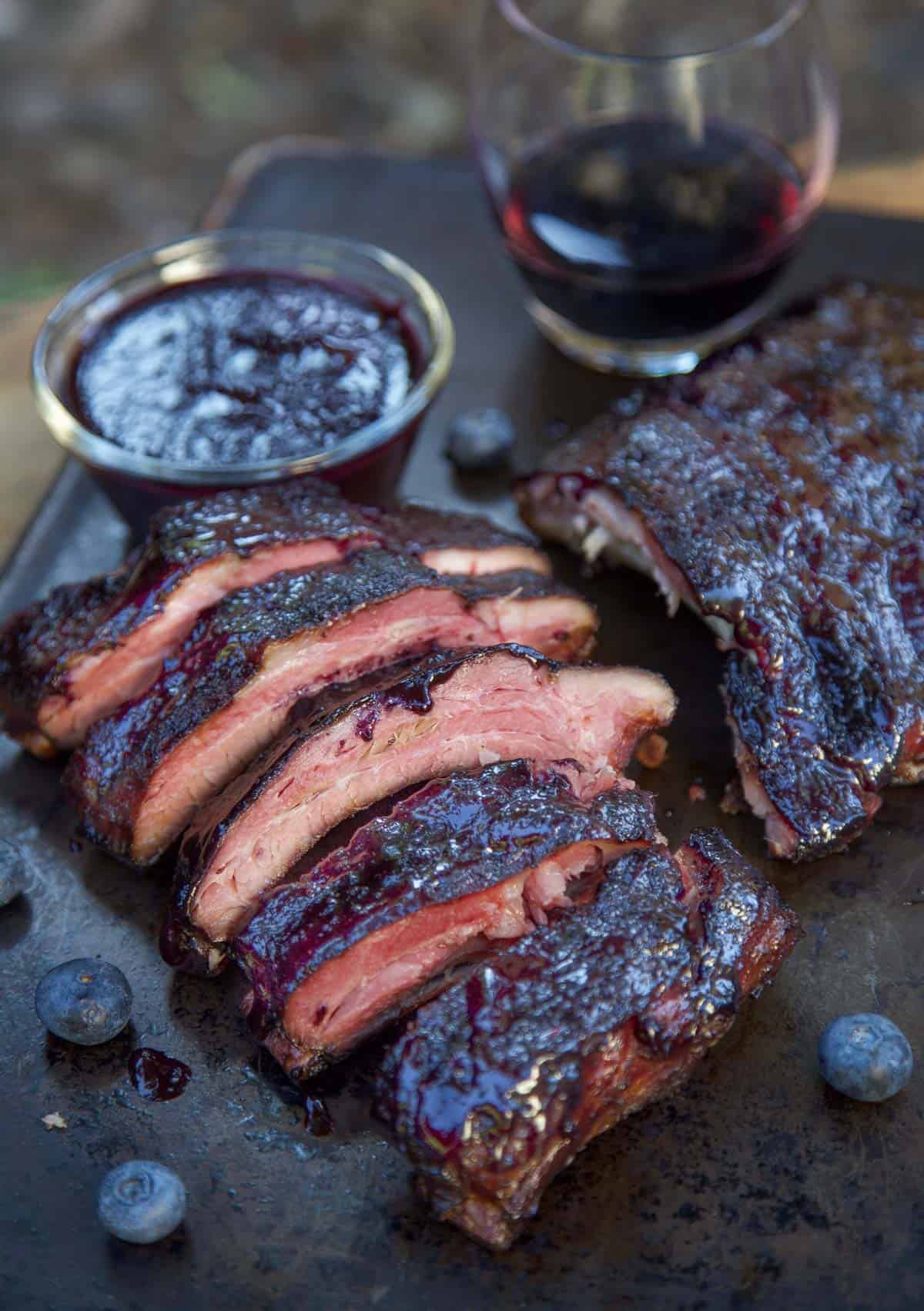 Blueberry Bourbon Ribs on a sheetpan