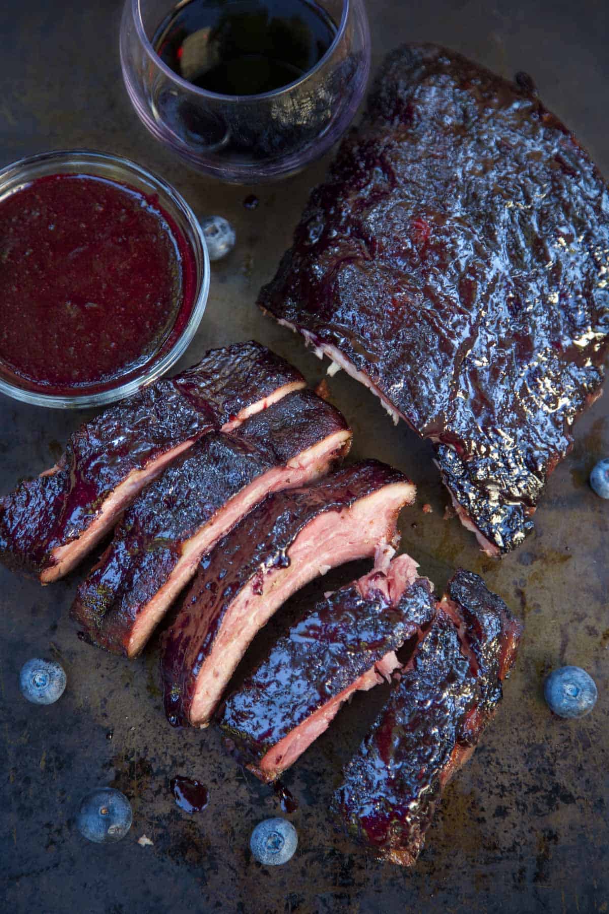 Blueberry Bourbon Baby Back Ribs on a sheetpan