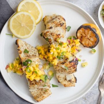 Grilled Halibut with mango salsa.