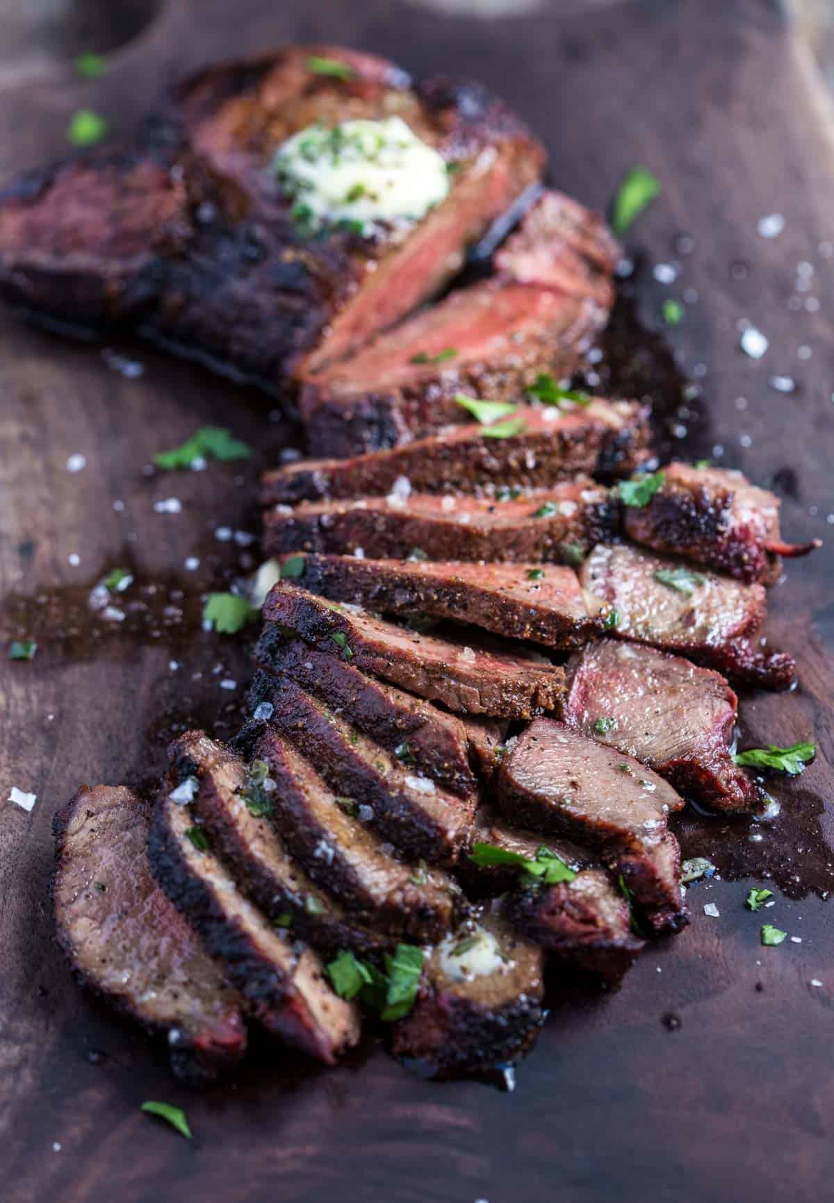 Slices of Grilled Sirloin Steak on a cutting board