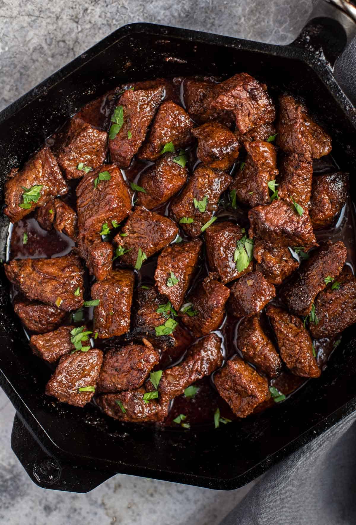 Grilled Steak Bites in a cast iron pan 