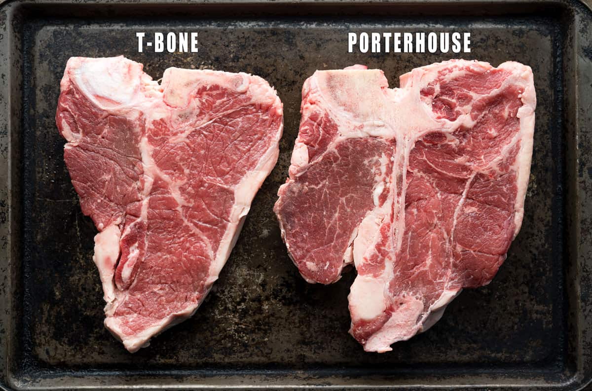 A raw T-bone and raw Porterhouse steak on a platter with a text overlay pointing out the difference between the two steaks