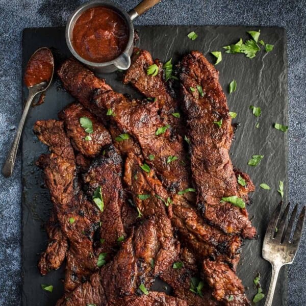 Port marinated flanken steak rib slices.