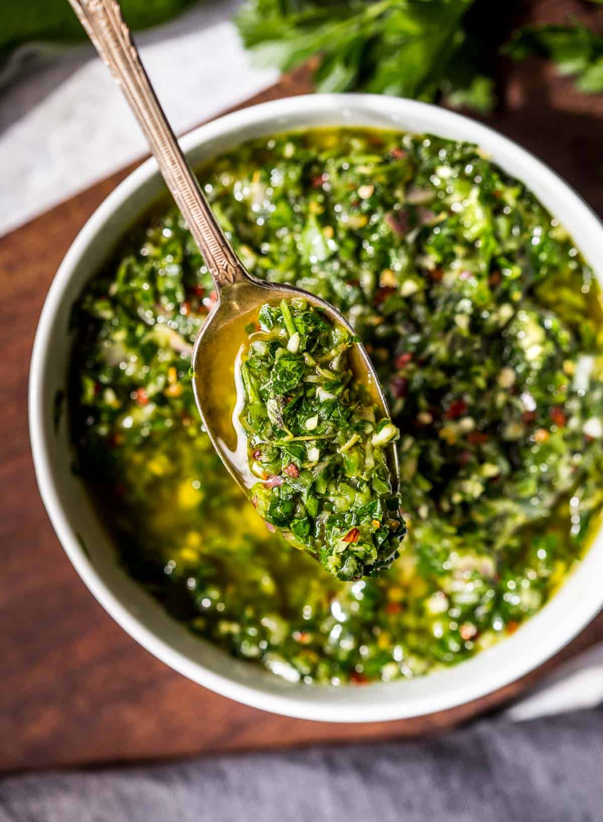 A spoonful of Jalapeño Chimichurri sauce 