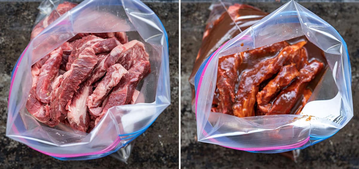 Flanken steak slices in a large plastic bag about to be marinated