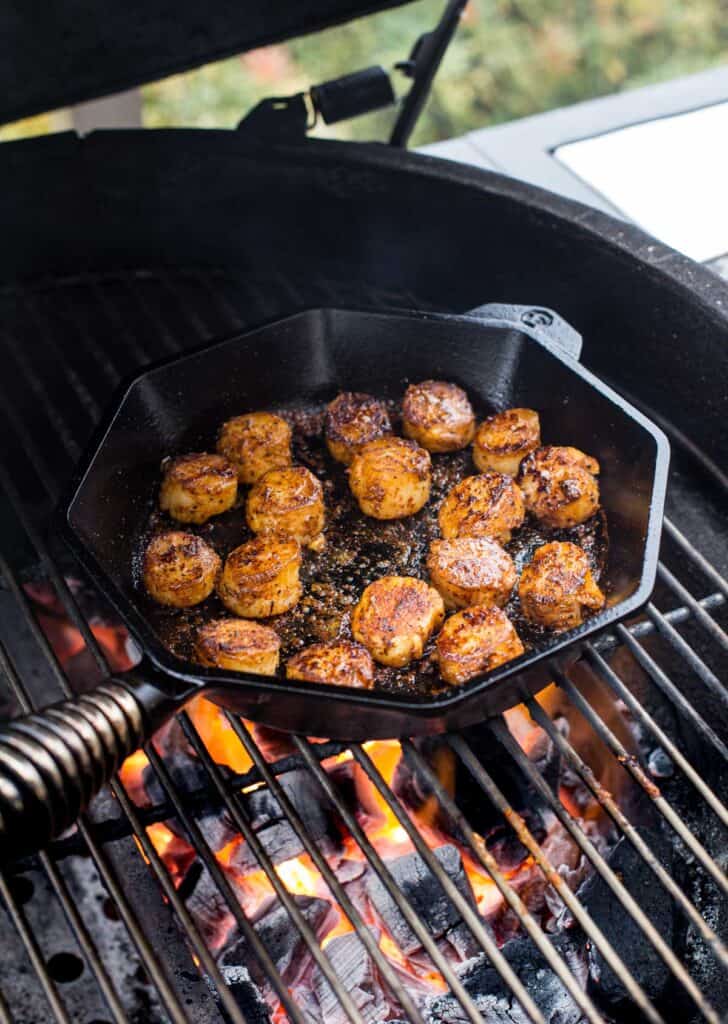 grilled scallops in a pan on the grill