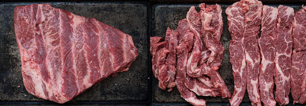 a side by side image of a chuck roast on the left, then cut into slices for Flanken steak on the right