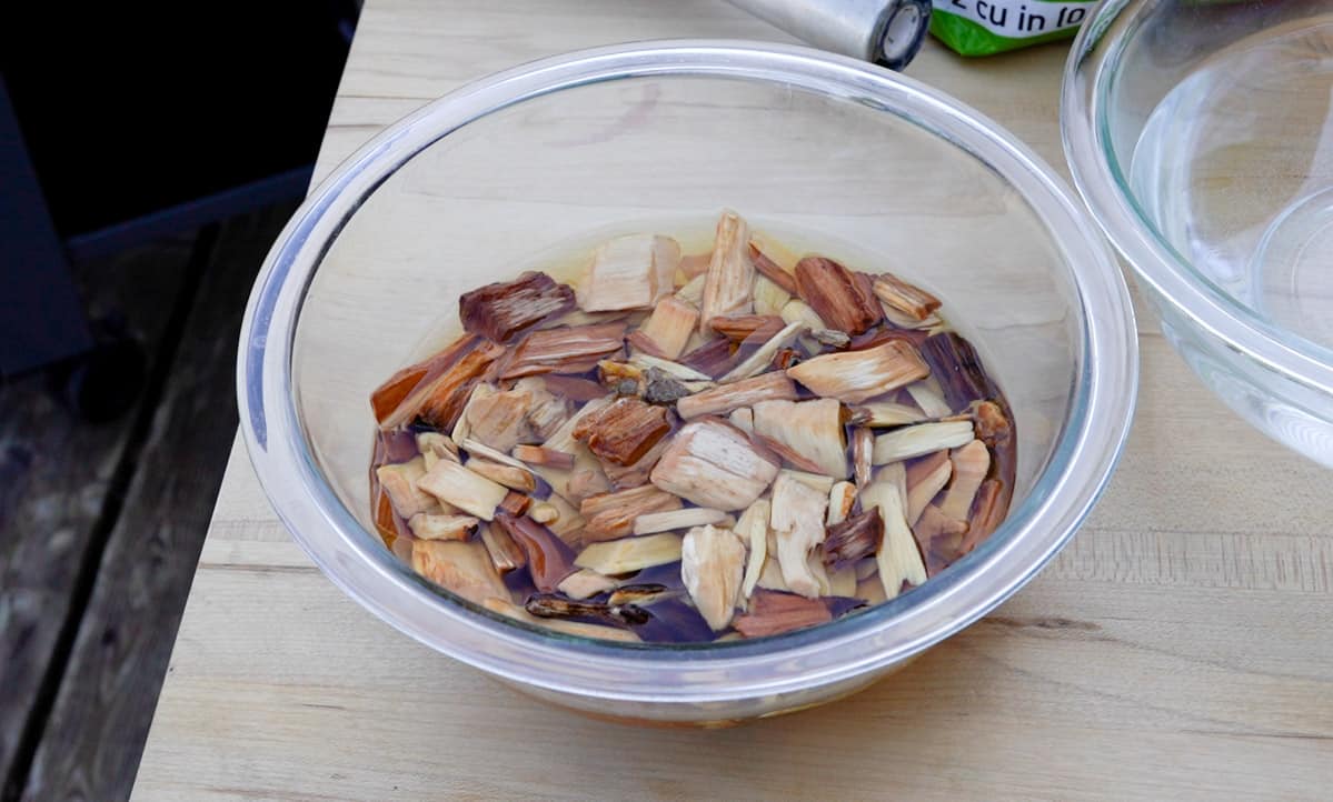 wood chips soaking in a glass bowl
