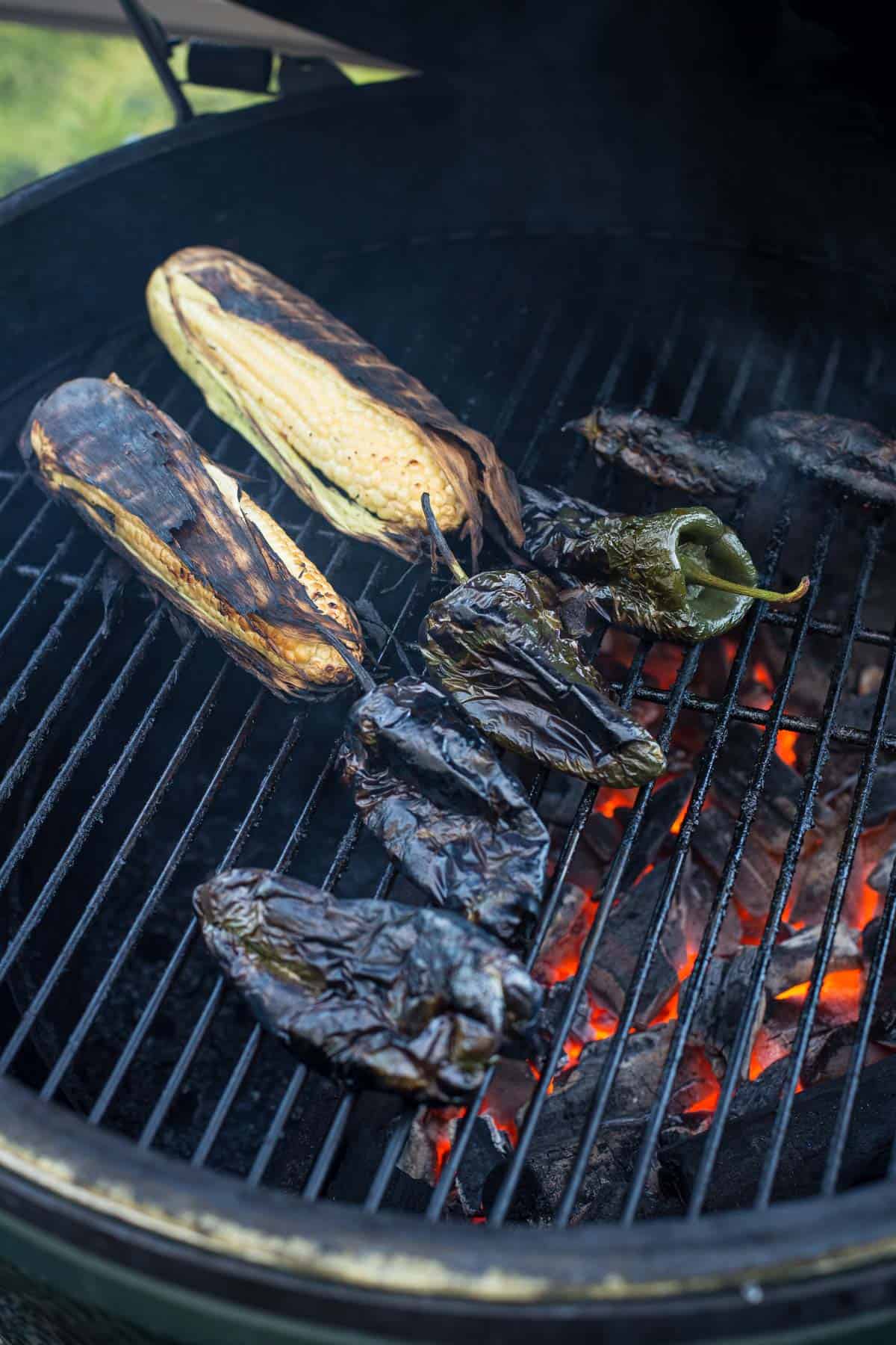 roasted poblano peppers and corn on the grill.