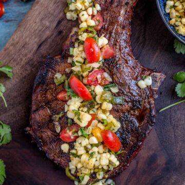 Grilled Steak with Corn and Poblano Peppers closeup