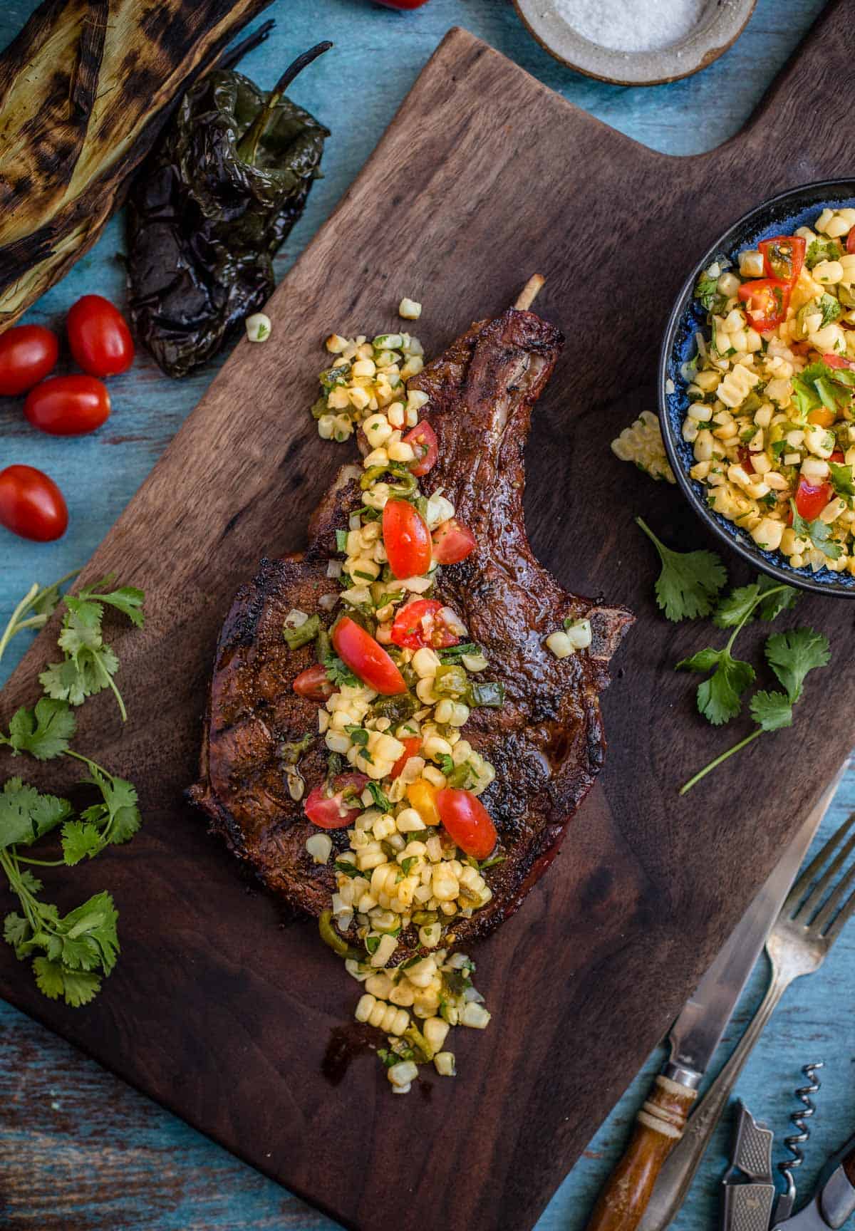 Grilled Steak with roasted poblano corn salsa over the top.