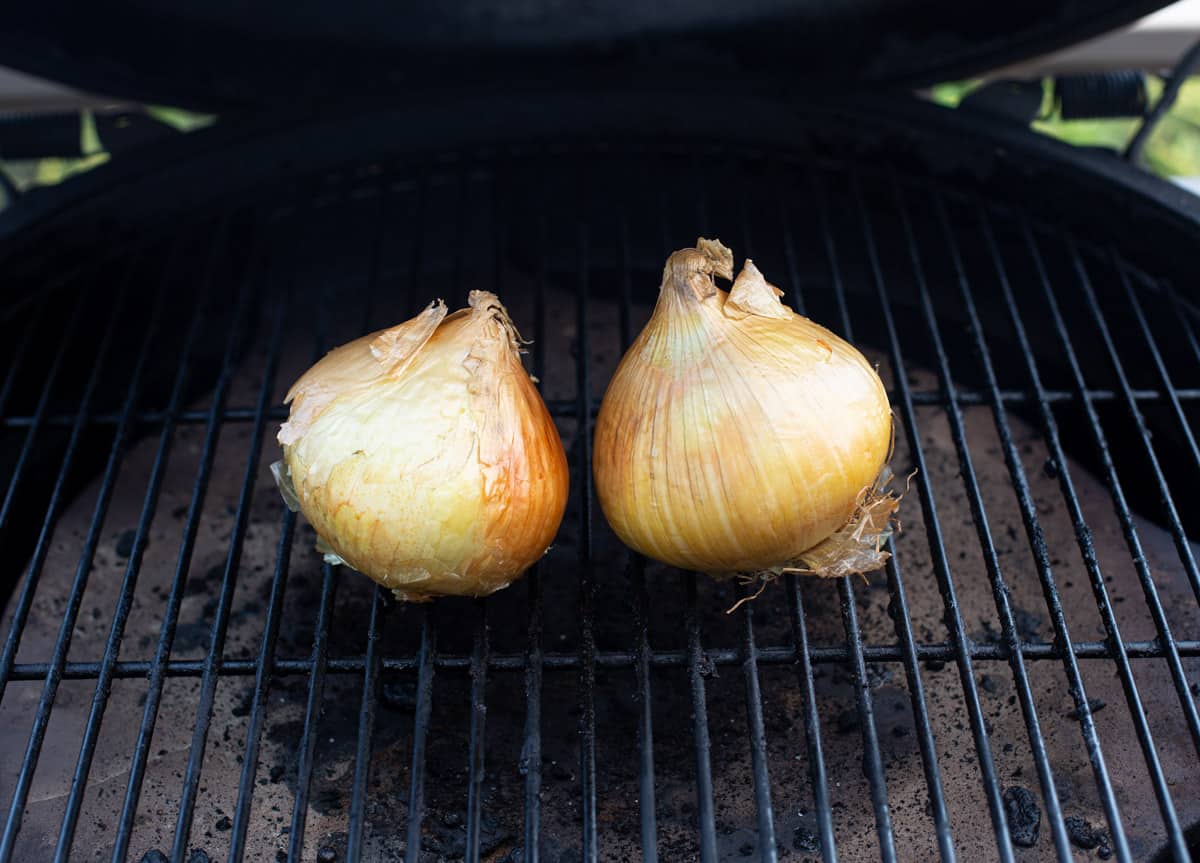 two onions on a smoker