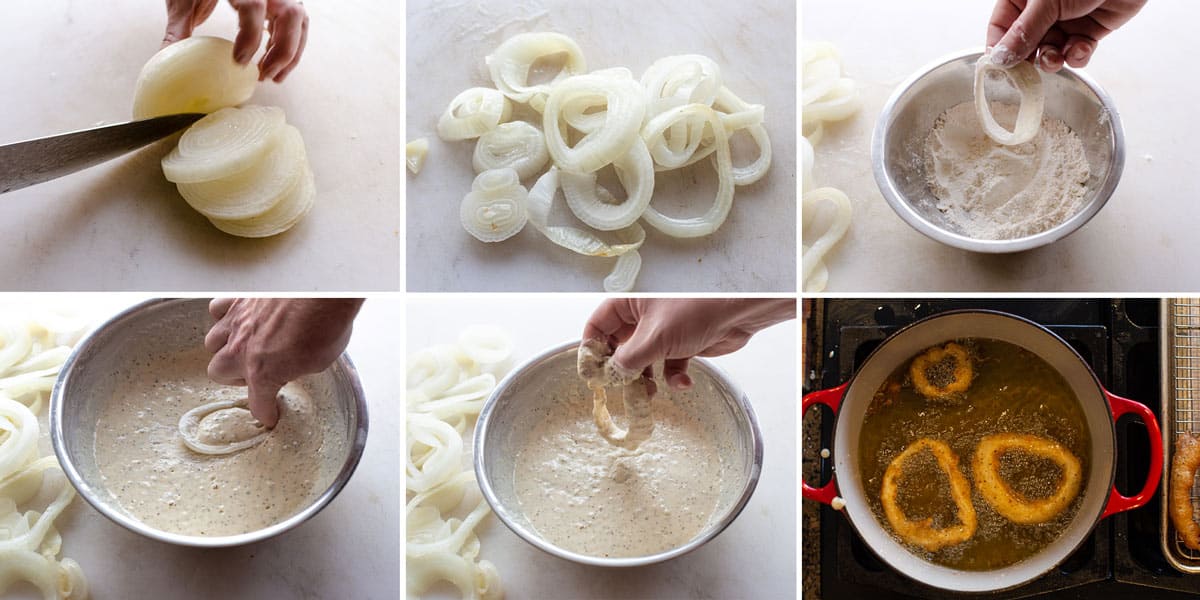A step by step photo collage showing the steps of making beer battered onion rings