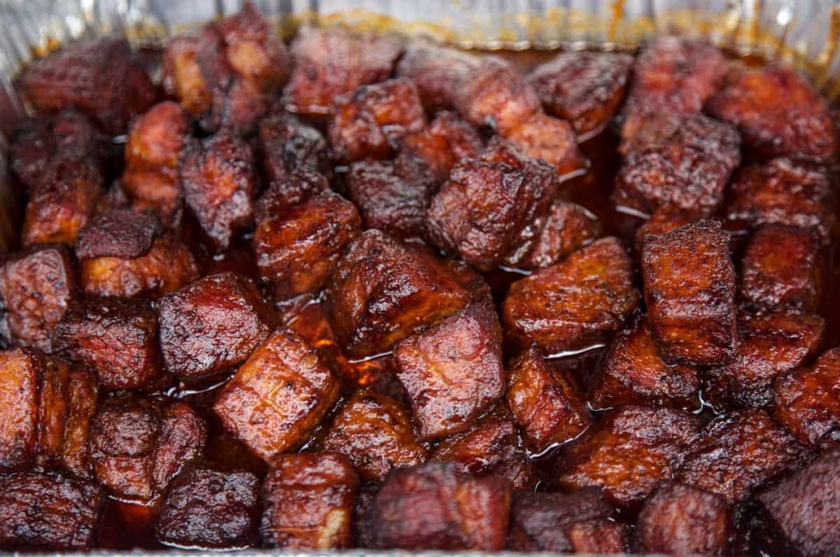 Pork Belly Burnt Ends in a large sheetpan 