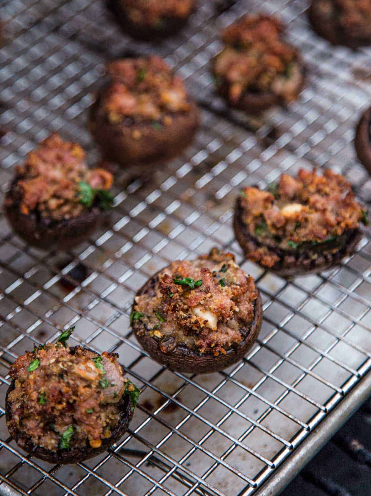 Sausage stuffed mushrooms on the smoker 