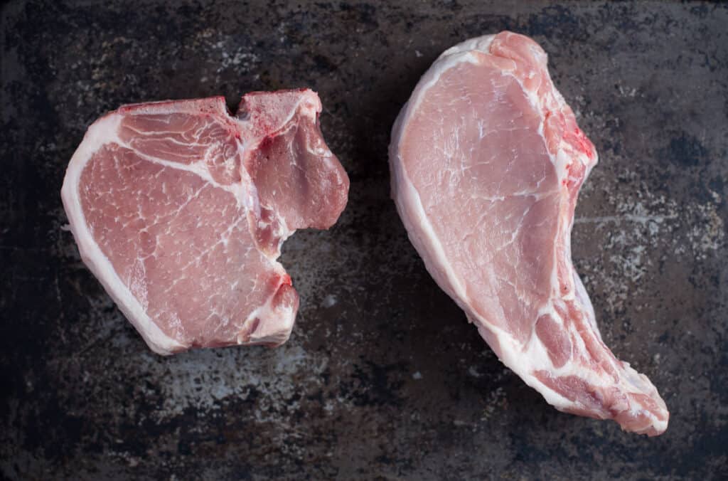 Top down photo of bone-in pork chops.