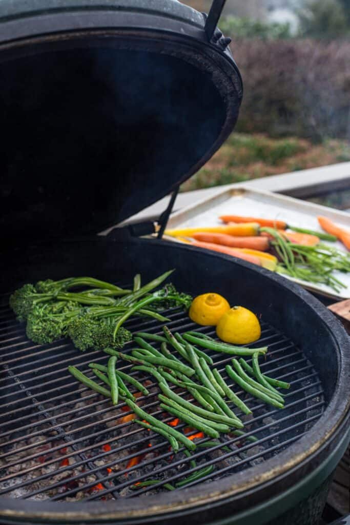 Mixed vegetables cooking on the grill.