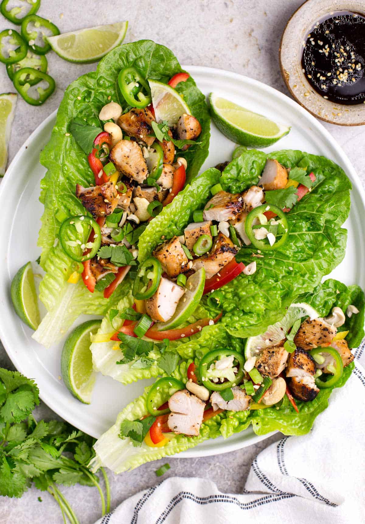 Grilled Chicken Lettuce wraps with dipping sauce.