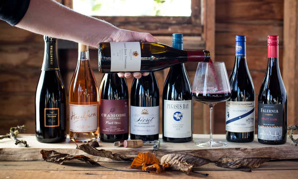 Pouring a bottle of Pinot Noir into a glass with several bottles of different Pinot Noir styles in the background
