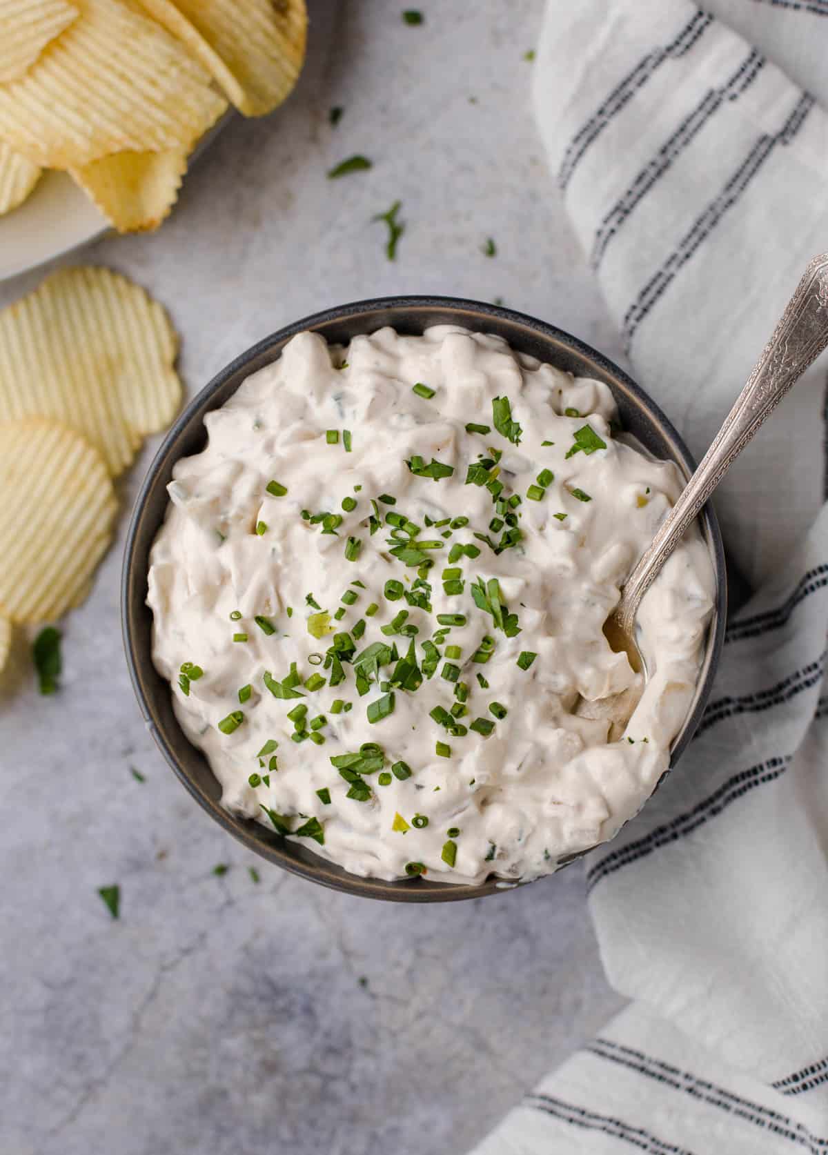 Smoked onion dip with sour cream and chives.