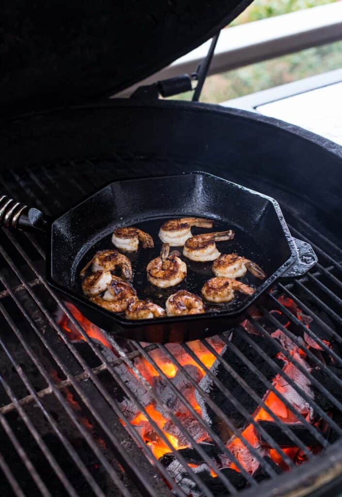 shrimp in a pan on the grill