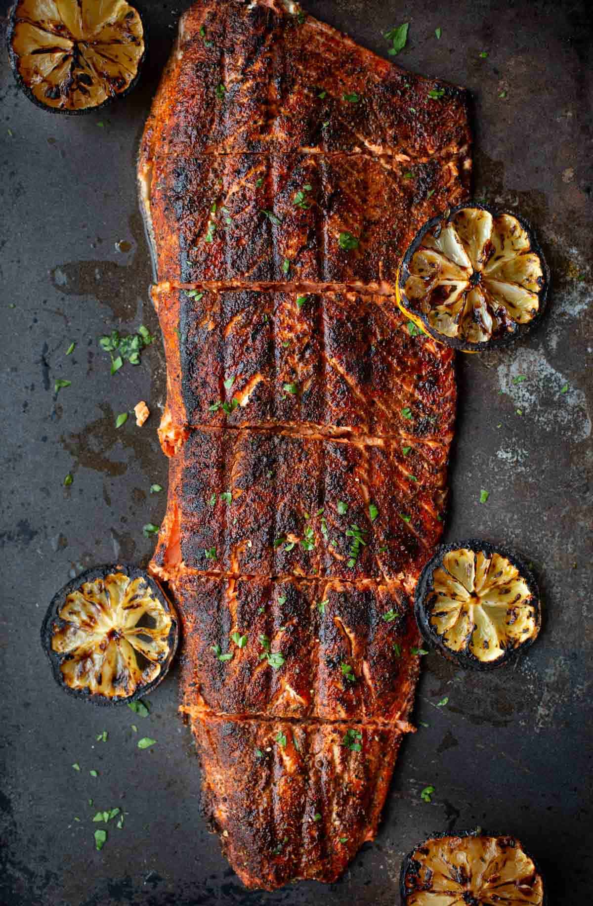 A whole salmon cut into individual portions or "steaks" for serving