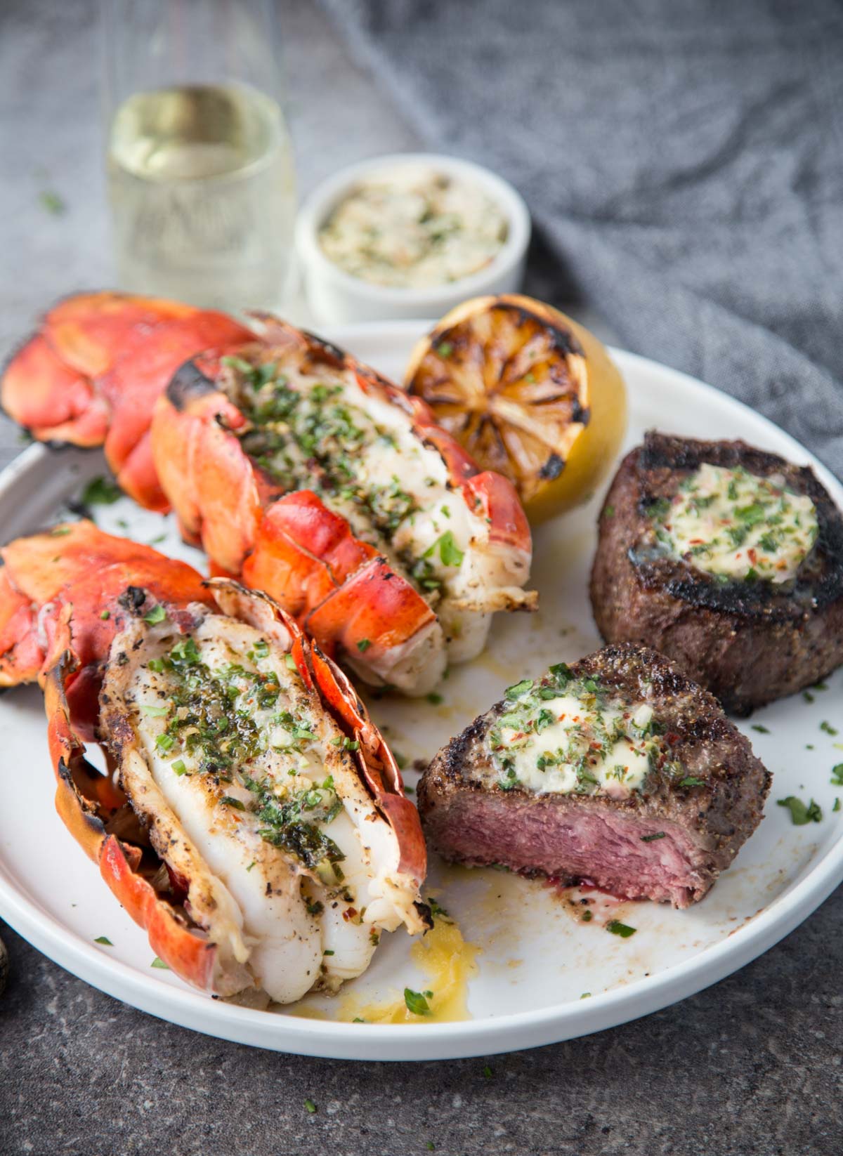 Surf and Turf with Grilled Lobster and Filet Mignon on a platter