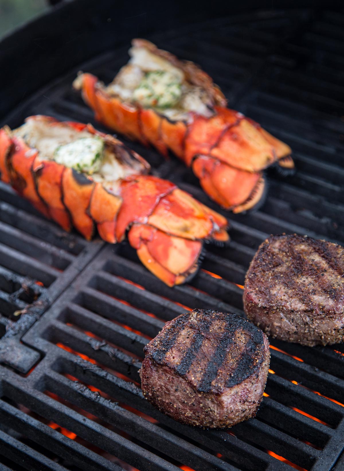 Lobster Tails and Filet Mignon on the grill