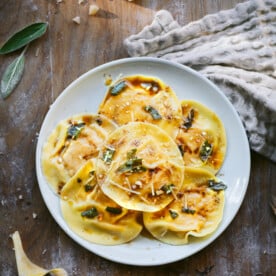 Smoked Pumpkin Ravioli on a plate