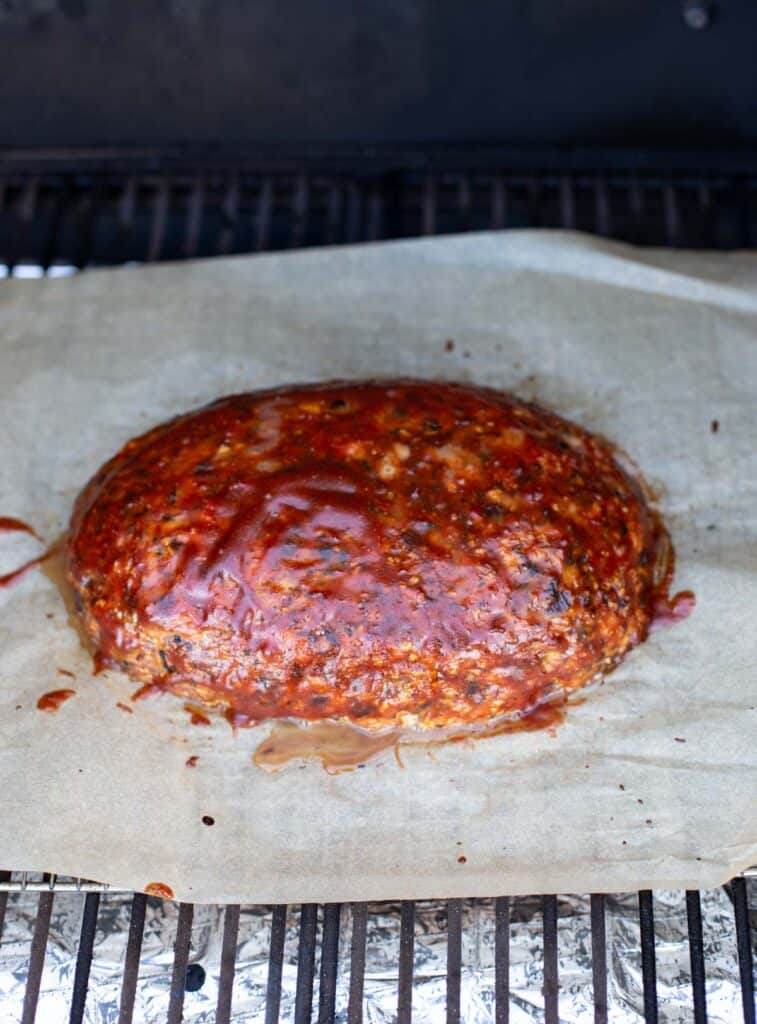 Glazed smoked turkey meatloaf on the smoker.
