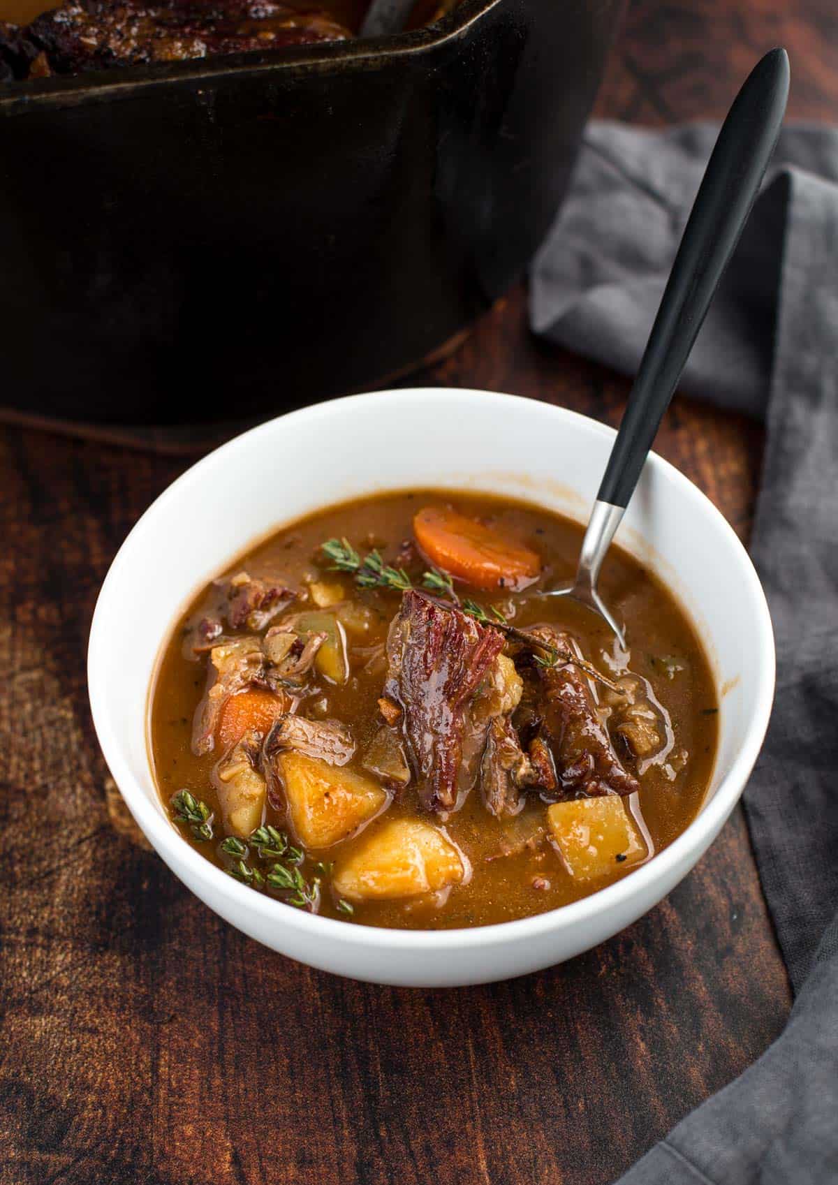 A bowl of smoked short rib Beef Irish Stew