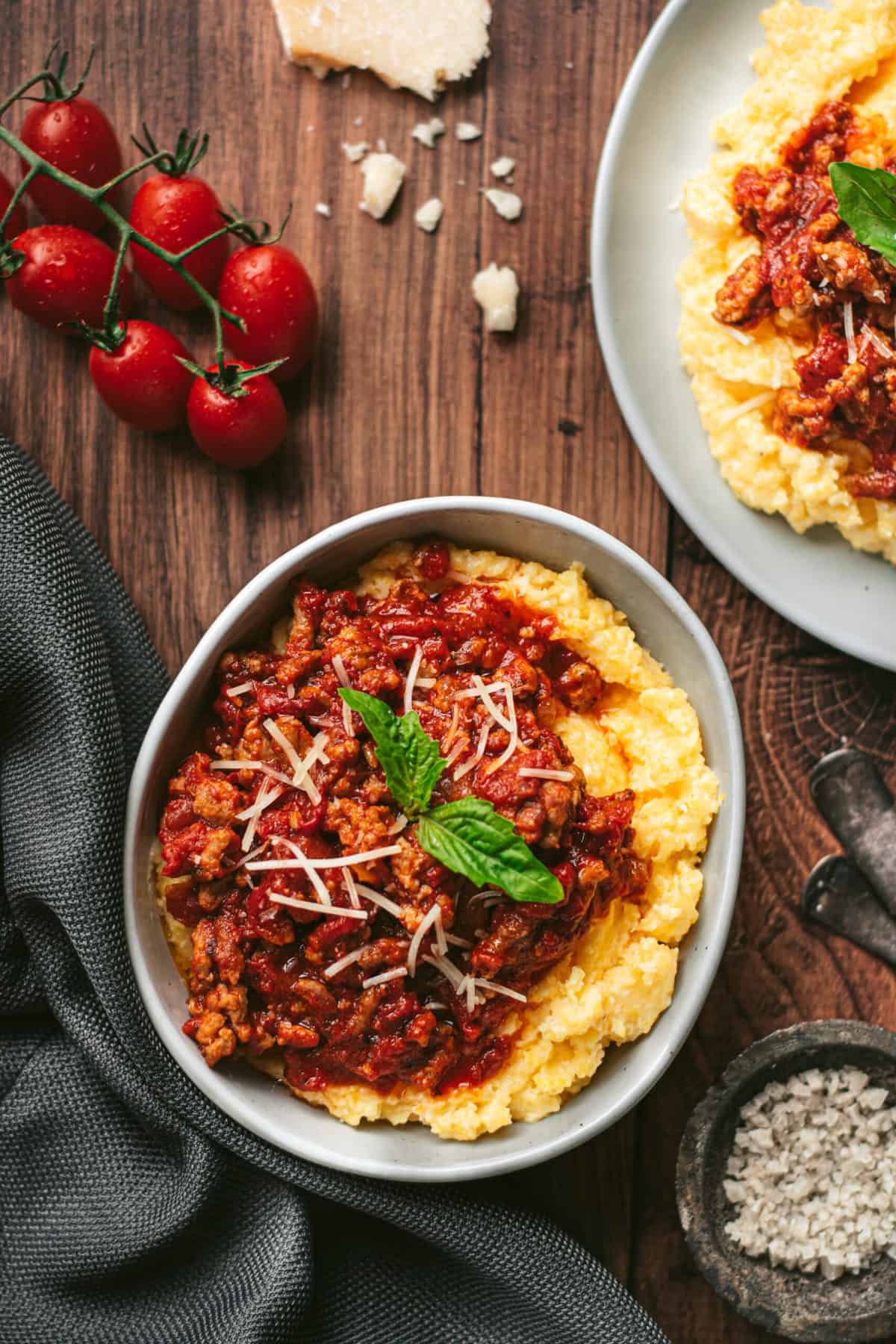 a trencher of smoked sausage ragu over polenta