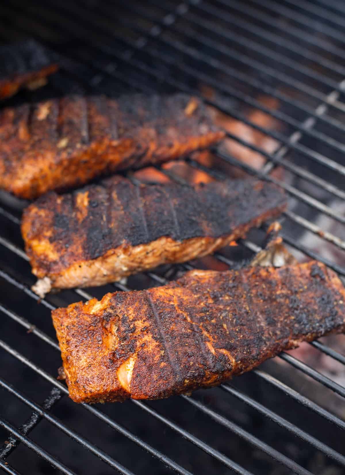 Grilled Blackened Salmon over direct heat.