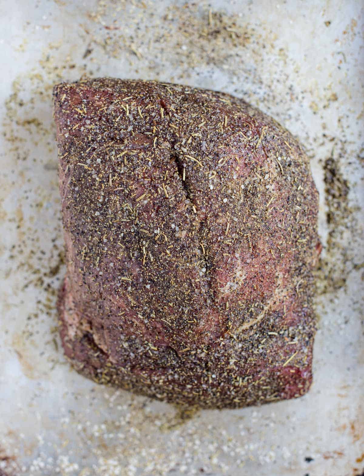 Seasoned top sirloin roast.