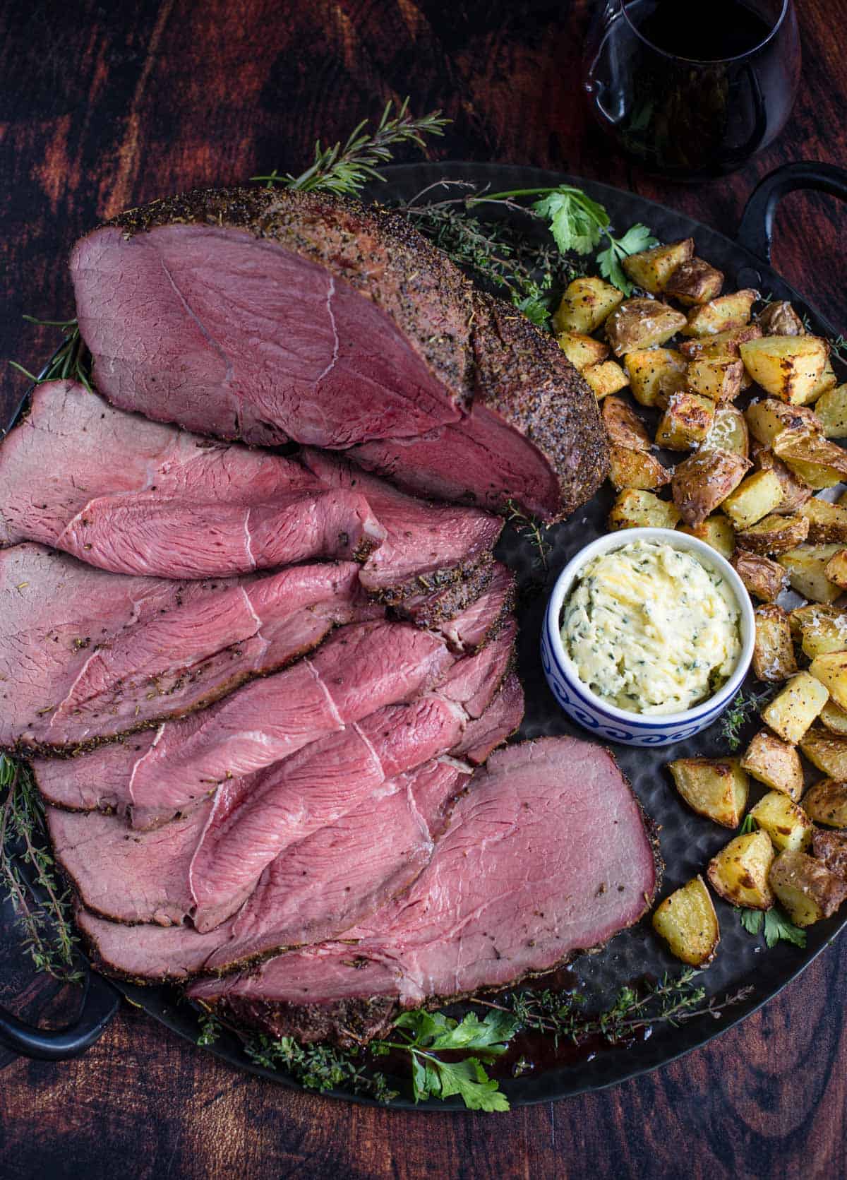 Smoked Beef with potatoes and compound butter.