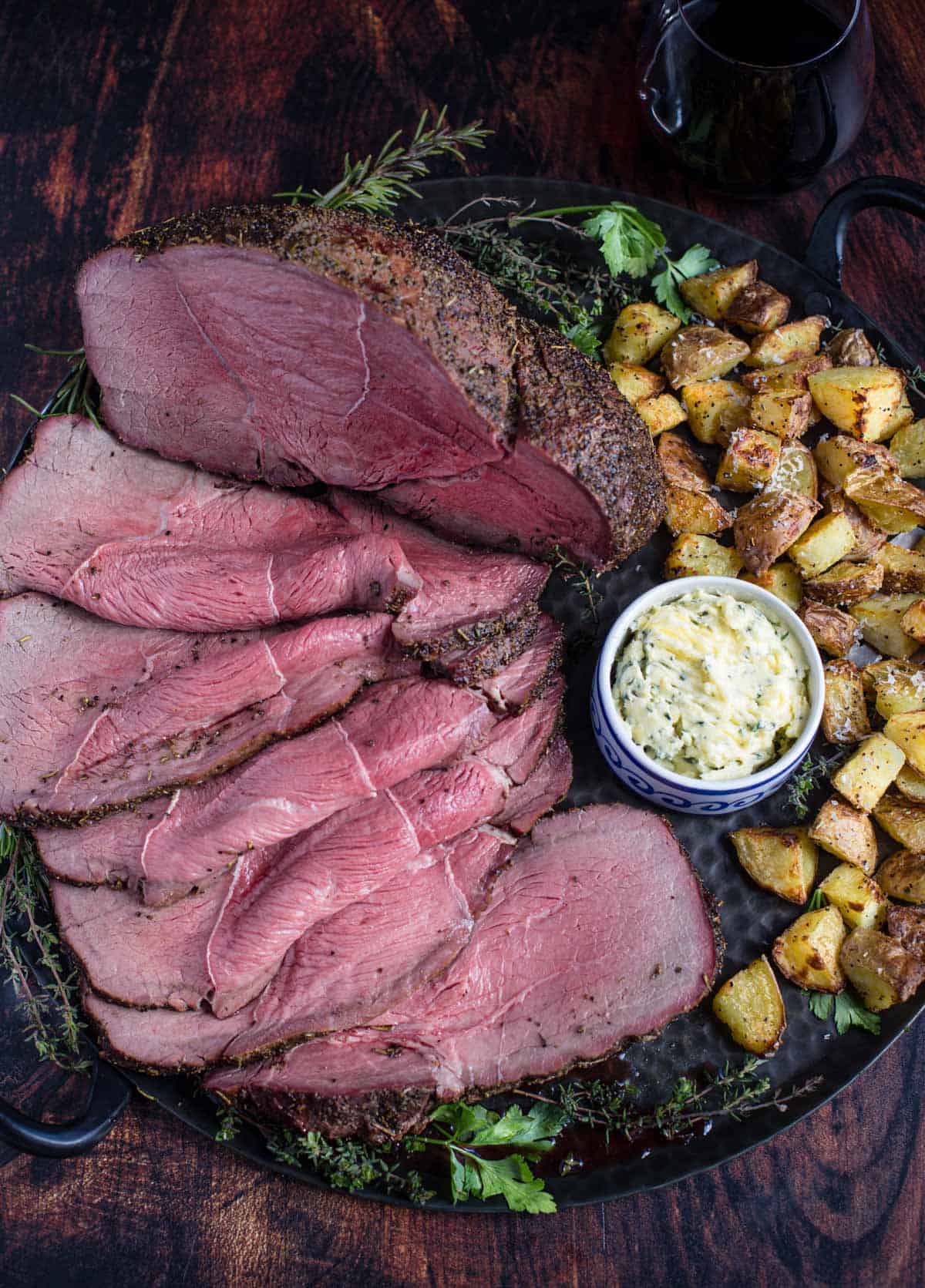 Smoked Beef with potatoes and compound butter.