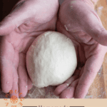 Hands with homemade pizza dough ball over text that reads "homemade pizza dough"
