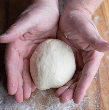 Hand holding a neapolitan style pizza dough.